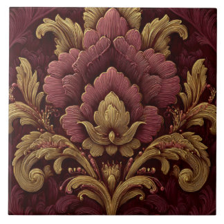 Luxury Vintage French Baroque Burgundy Gold Floral Ceramic Tile