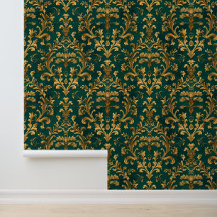 Luxury Vintage French Baroque Emerald Green Gold Wallpaper