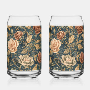 Luxury, Vintage,Garden of Roses, Blue Background Can Glass