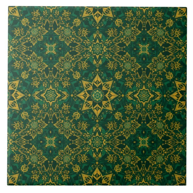 Luxury Vintage Islamic Geometric Emerald Gold  Ceramic Tile (Front)