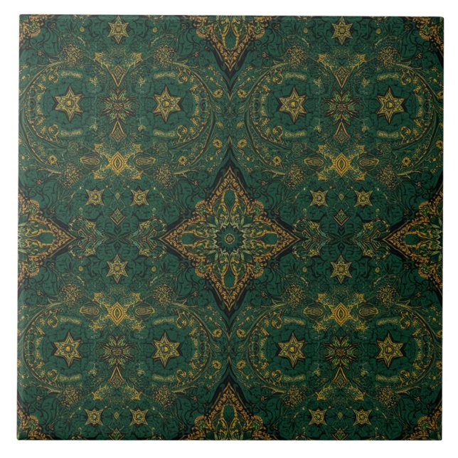 Luxury Vintage Islamic Geometric Emerald Gold  Ceramic Tile (Front)