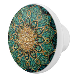 Luxury Vintage Islamic Geometric EmeraldGreen Gold Ceramic Knob