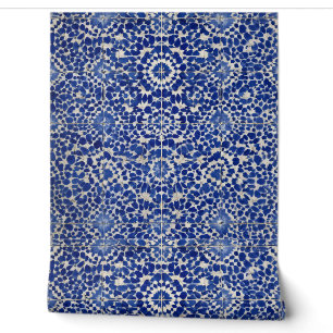 Luxury Vintage Moroccan Zellige Classic Blue White Wallpaper