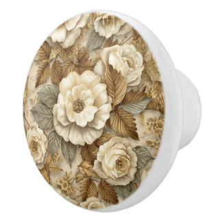 Luxury Vintage Victorian Floral Rich Gold Roses Ceramic Knob