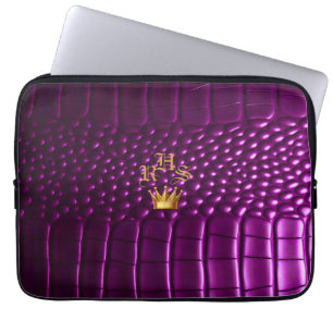 Luxury Vivid Purple Faux Crocodile Monogrammed Laptop Sleeve