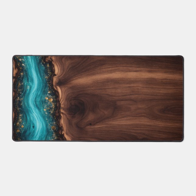 Luxury Walnut Wood and Teal Resin Art Desk Mat (Front)