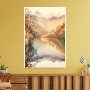 Luxury Watercolor Autumn Mountain Lake Canvas Print