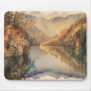 Luxury Watercolor Autumn Mountain Lake Mouse Pad