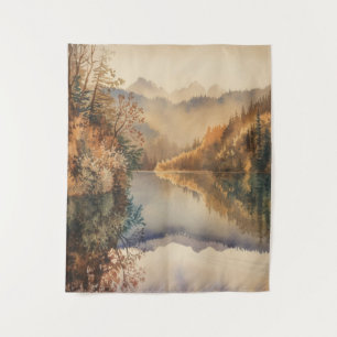Luxury Watercolor Autumn Mountain Lake Tapestry