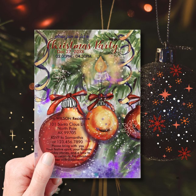 Luxury Watercolor Christmas Party Ornaments & pine Acrylic Invitations (Luxury Watercolor Christmas Party Ornaments & pine Acrylic Invitations)