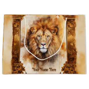 Luxury Watercolor Lion Portrait with Ornate Frame Large Gift Bag