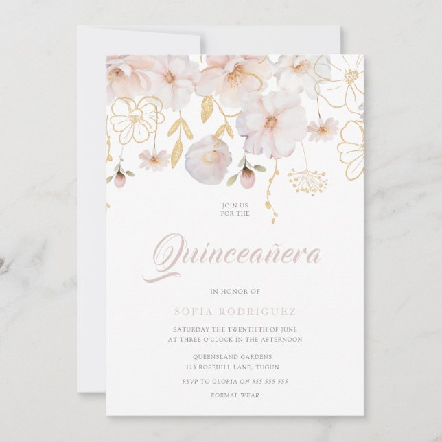 Luxury Watercolor Wildflowers Blush Quinceanera  Invitation (Front)