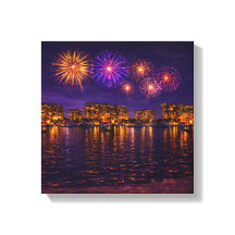 Luxury Waterfront Fireworks Night Canvas Wall Art