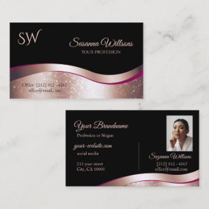Luxury Wavy Rose Gold Decor Black Monogram Photo Business Card