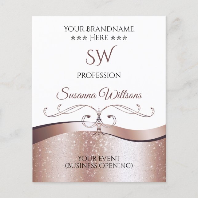 Luxury Wavy Rose Gold Decor White Monogram Flyer (Front)