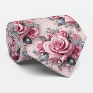 Luxury Wedding Neck Tie   Pink Roses & Diamonds