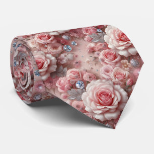 Luxury Wedding Neck Tie Pink Roses & Diamonds