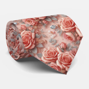 Luxury Wedding Neck Tie   Pink Roses & Diamonds