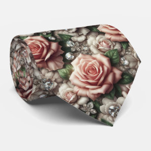 Luxury Wedding Neck Tie Pink Roses & Diamonds