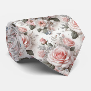 Luxury Wedding Neck Tie Pink Roses & Diamonds