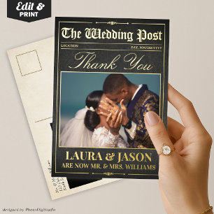 Luxury Wedding Newspaper Thank You Card Gold Foil 