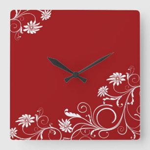 Luxury Wedding Red Floral Swirls Clock