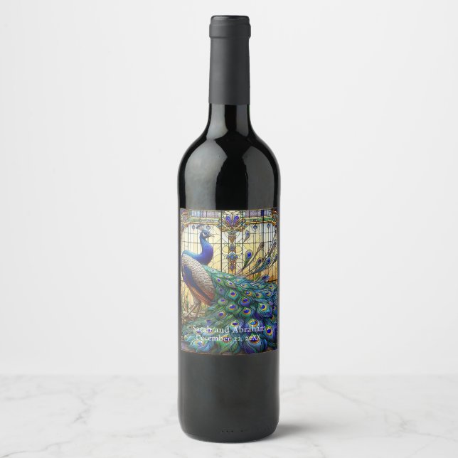 Luxury Wedding: Stained Glass Peacock Wine Labels  (Front)