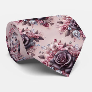 Luxury Wedding Tie   Pink Purple Roses & Diamonds