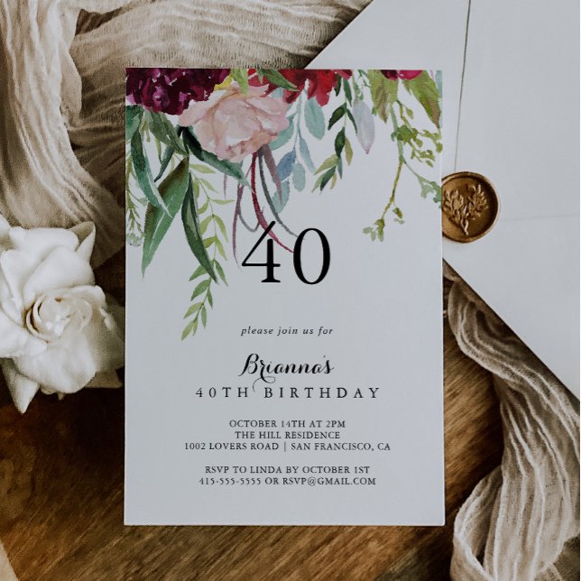 Luxury Whimsical Boho Floral 40th Birthday Party  Invitation (Creator Uploaded)