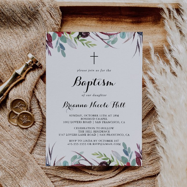Luxury Whimsical Boho Floral Calligraphy Baptism  Invitation (Creator Uploaded)
