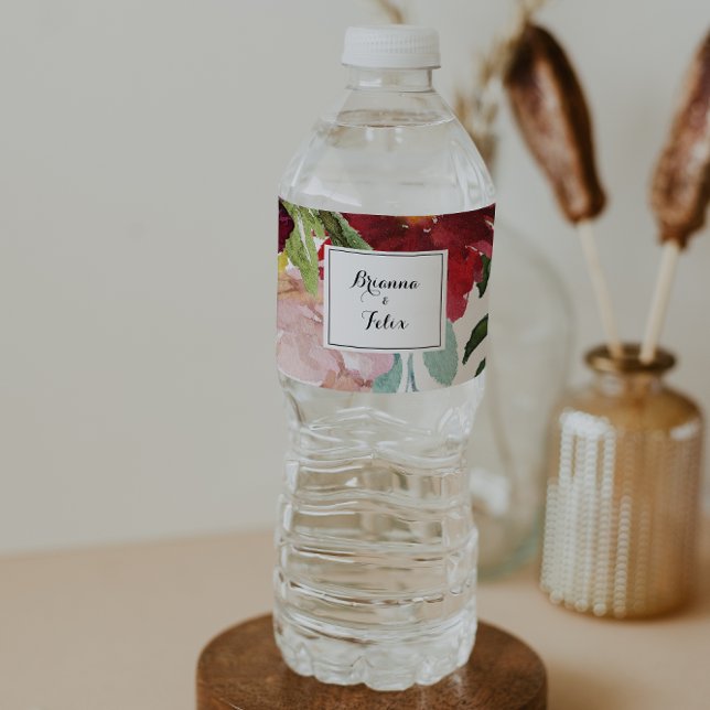 Luxury Whimsical Boho Floral Calligraphy Wedding  Water Bottle Label (Creator Uploaded)