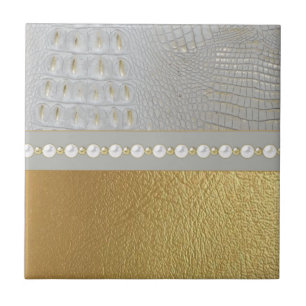 Luxury White and Gold Alligator Hide Pearls  Ceramic Tile