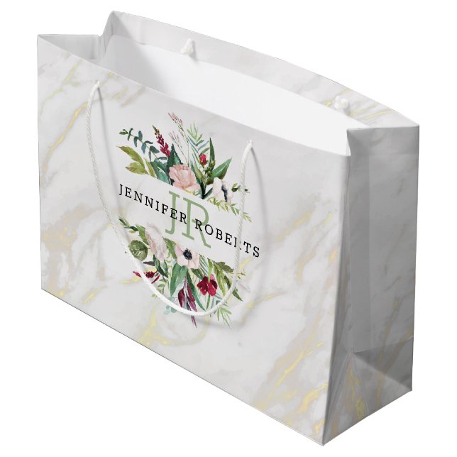 Luxury white and gold marble floral frame large gift bag (Back Angled)