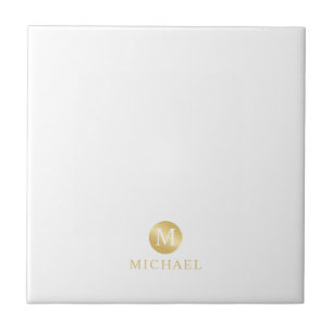Luxury White and Gold Personalised Monogram Ceramic Tile