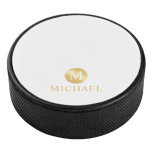 Luxury White and Gold Personalised Monogram Hockey Puck