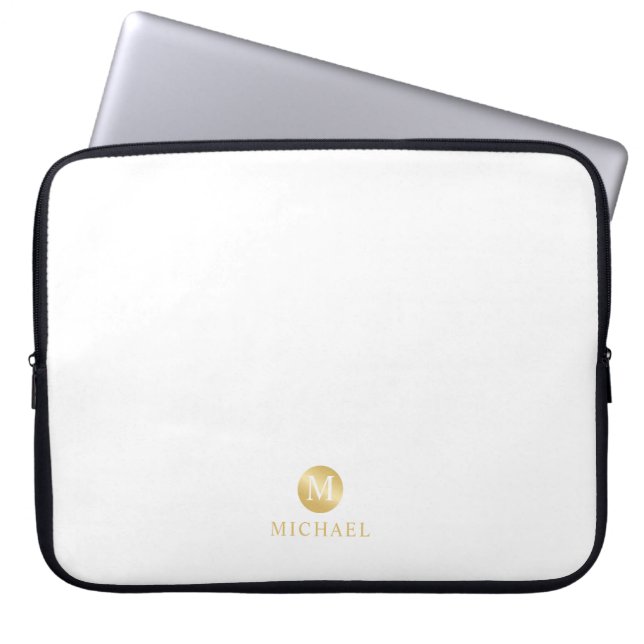 Luxury White and Gold Personalised Monogram Laptop Sleeve (Front)