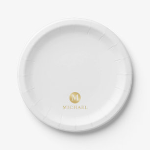 Luxury White and Gold Personalised Monogram Paper Plate