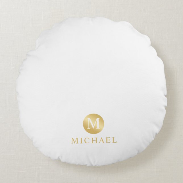 Luxury White and Gold Personalised Monogram Round Cushion (Front)