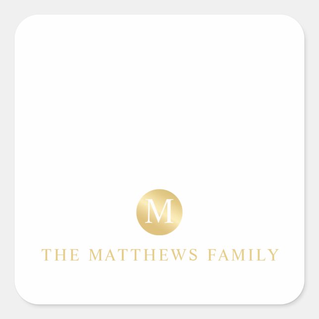 Luxury White and Gold Personalised Monogram Square Sticker (Front)