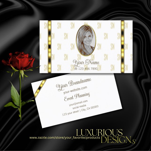 Luxury White and Gold with Photo Patterned Letters Business Card (Creator Uploaded)