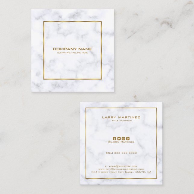 Luxury white and grey marble simple gold frame square business card (Front/Back)