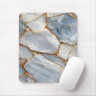 Luxury White Blue Marble & Gold Veins Agate Stone Mouse Pad