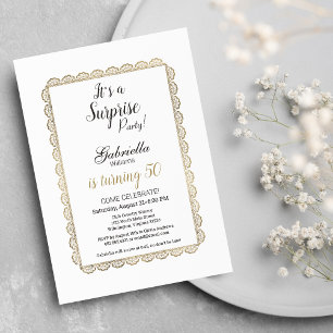Luxury white chic gold floral lace Surprise Party  Invitation