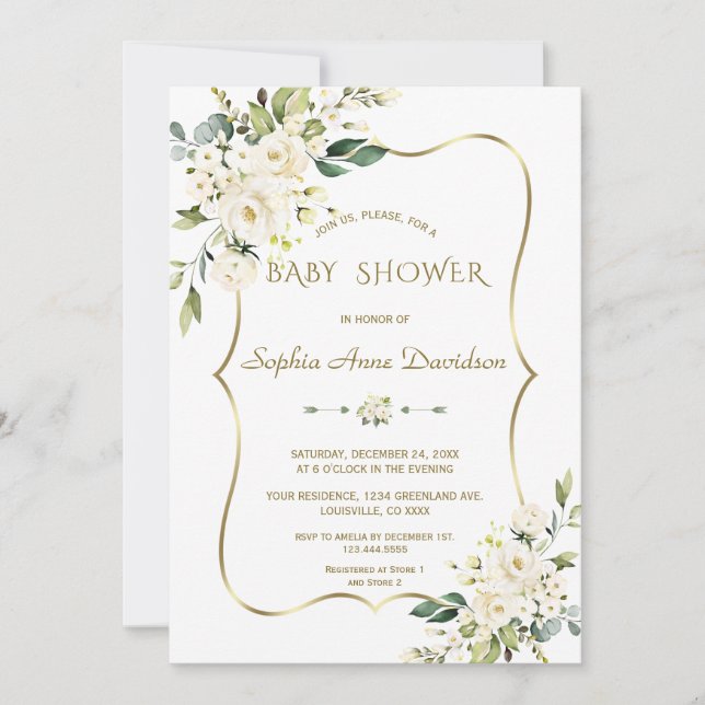 Luxury White Cream Flowers Gold Baby Shower Invitation (Front)