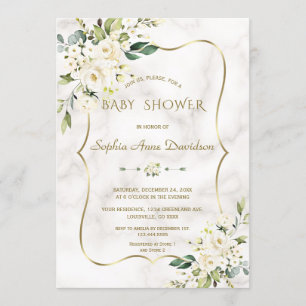 Luxury White Cream Flowers Gold Marble Baby Shower Invitation