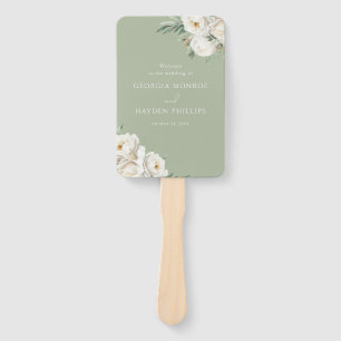 Luxury White Floral Premium Sage Wedding Program Hand Fan