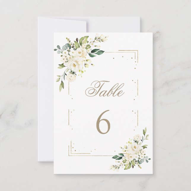Luxury White Flowers Gold Baptism Table Number (Front)