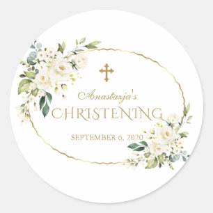 Luxury White Flowers Gold Christening Classic Round Sticker