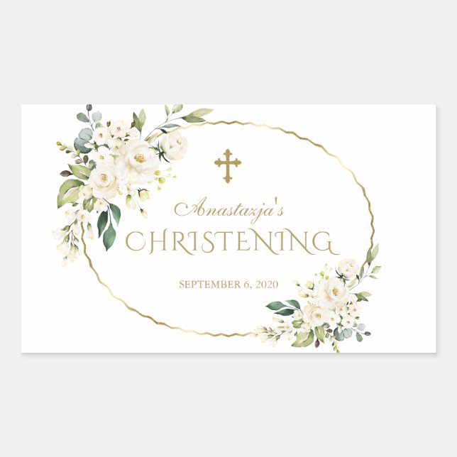Luxury White Flowers Gold Christening Rectangular Sticker (Front)