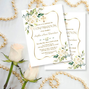 Luxury White Flowers Gold Cross Confirmation Invitation